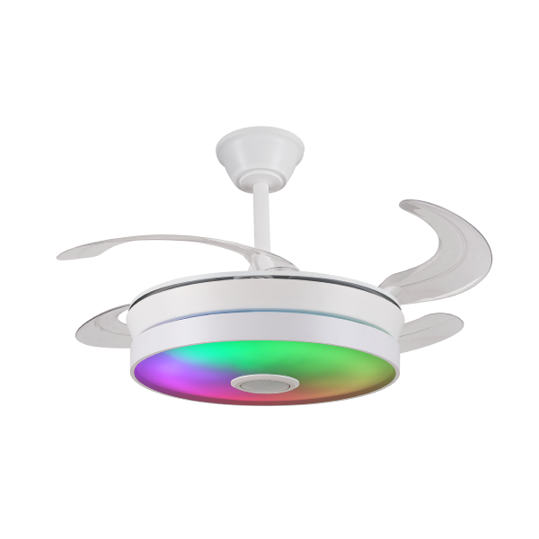 Ventilador retractil Althea-S Blanco Musical RGB P&B - Motor DC. 40-92cmØ. Luz Led RGB