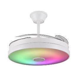 Ventilador retractil Althea-L Blanco Musical RGB P&B - Motor DC. 50-108cmØ. Luz Led RGB