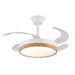 Ventilador Retractil FIONA-S Blanco Madera P&B - Motor DC. luz LED. 40-92cmØ.
