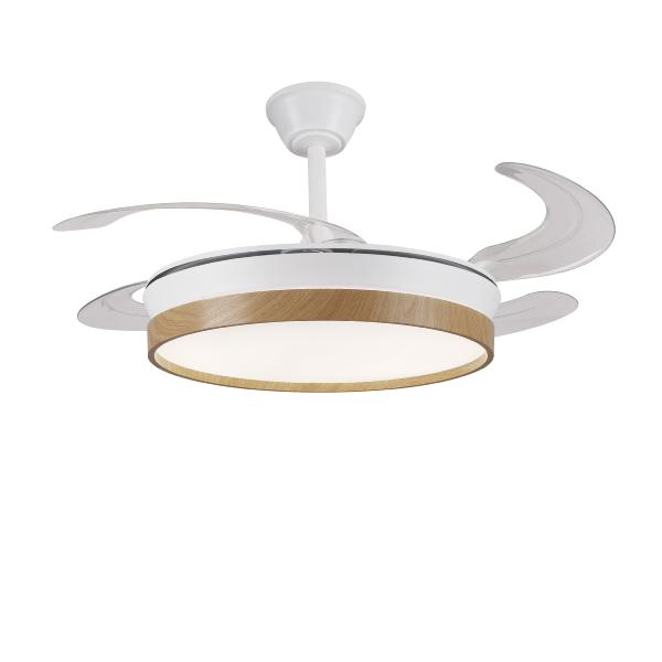 Ventilador Retractil FIONA-L Blanco Madera P&B - Motor DC. luz LED. 50-108cmØ.