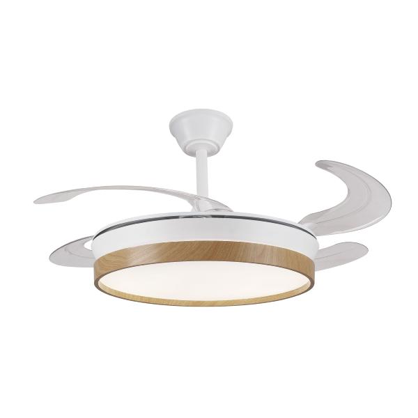 Ventilador Retractil FIONA-L Blanco Madera P&B - Motor DC. luz LED. 50-108cmØ.