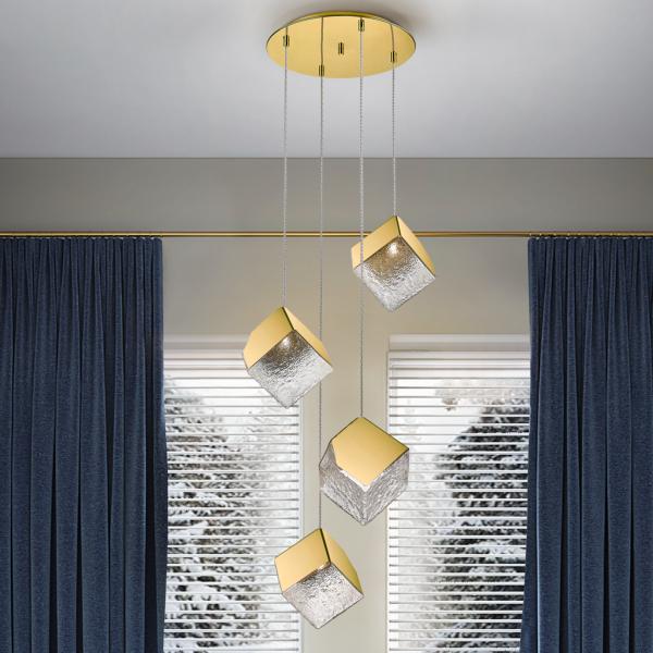 Lampara PRISCILA 4 luces - Schuller. Tonalidades Cromo y Oro